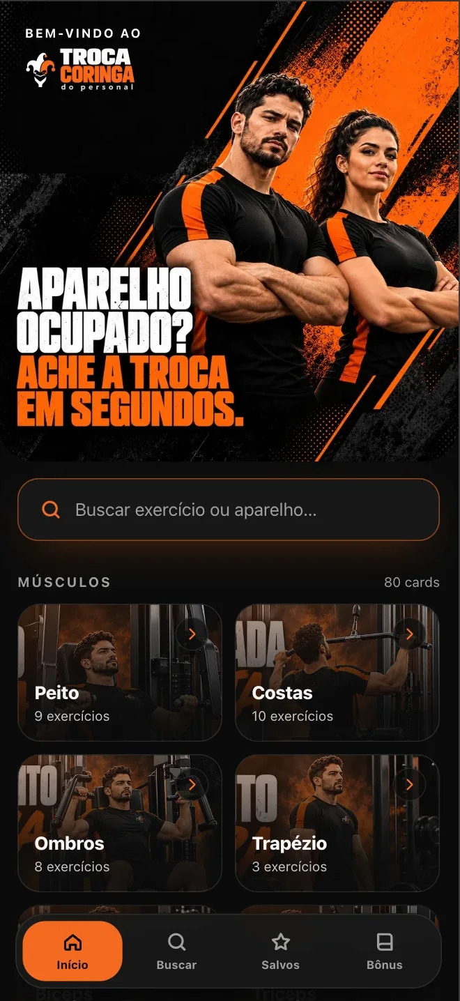 Tela inicial do app: banner de boas-vindas, busca e os 12 grupos musculares