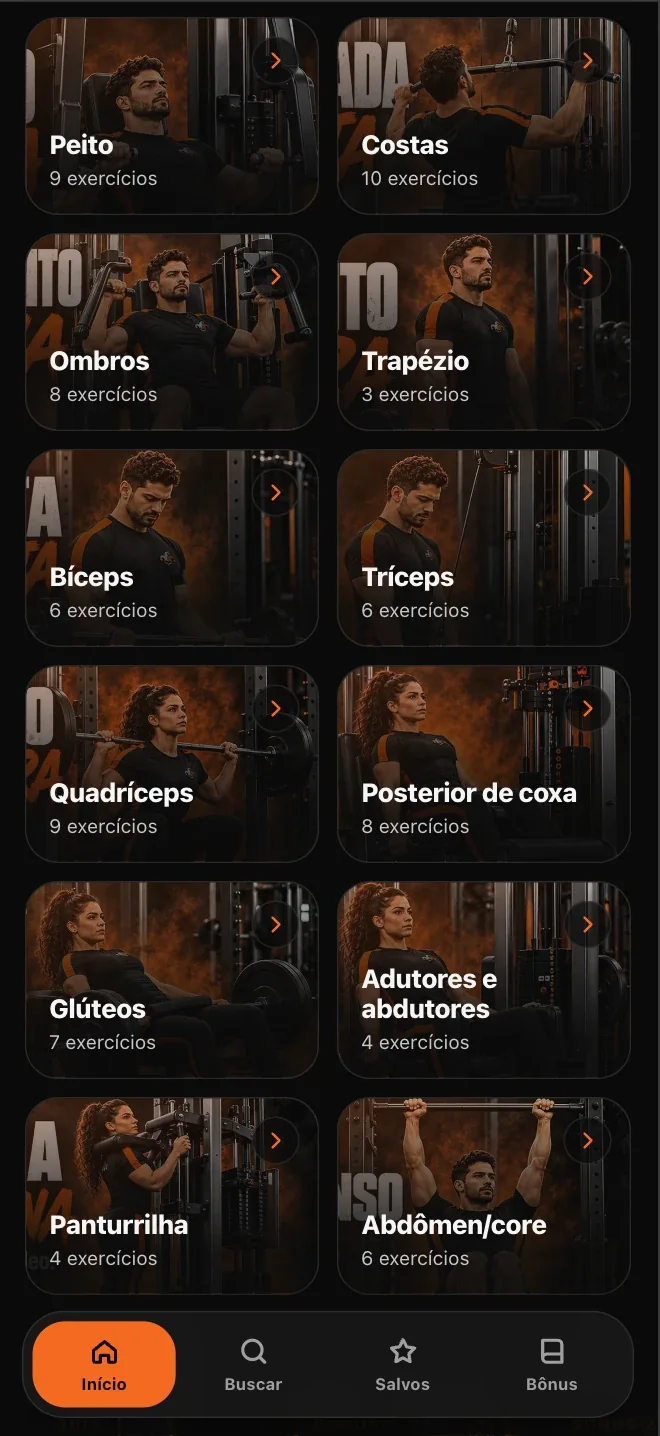 Os 12 grupos musculares do app, do peito ao abdômen