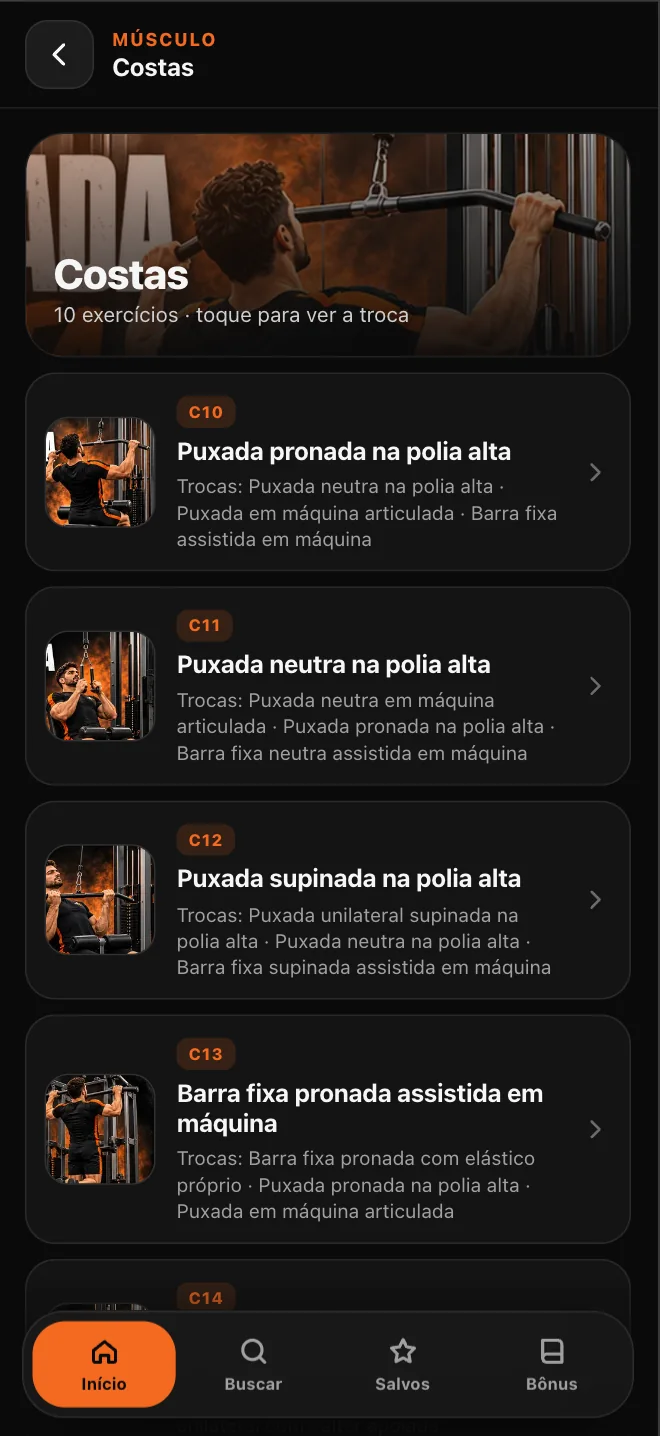 Lista de exercícios de Costas, cada um com as 3 trocas já à vista