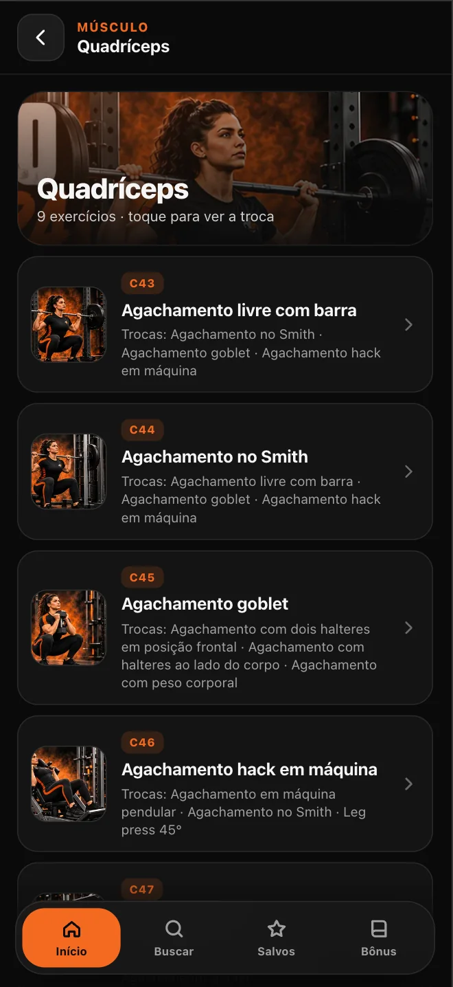 Lista de exercícios de Quadríceps com as trocas de cada um
