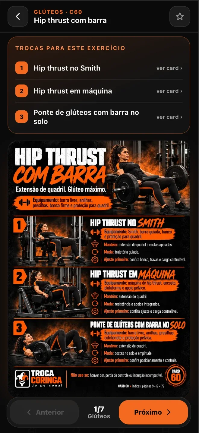 Card aberto: Hip thrust com barra e as 3 alternativas
