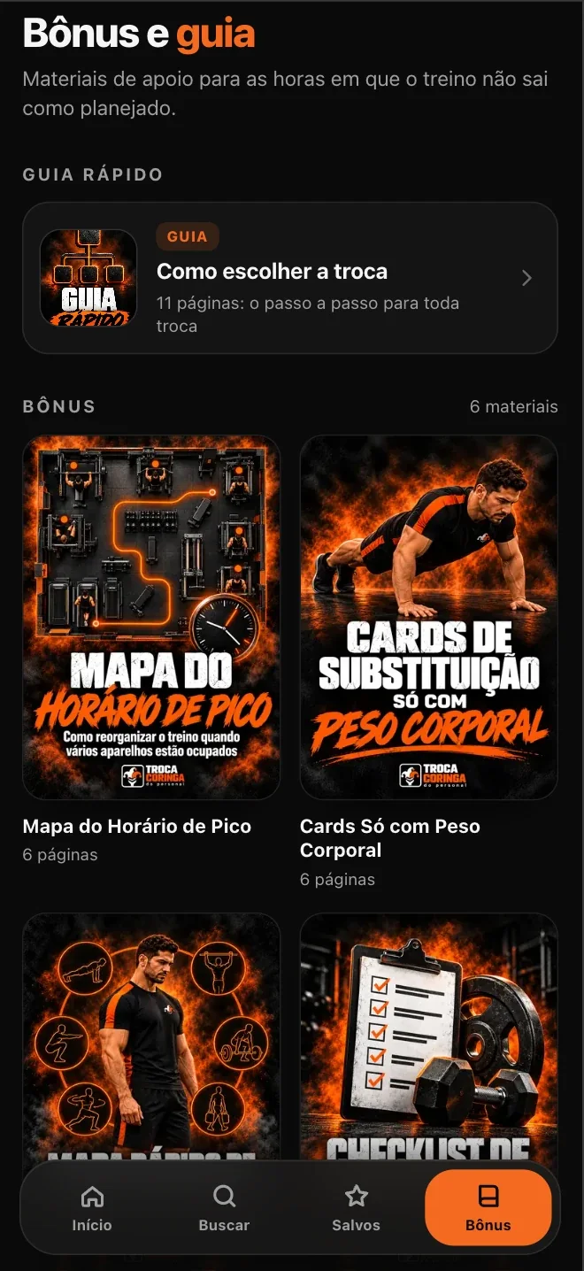 Aba Bônus e guia do app, com os 6 materiais de apoio
