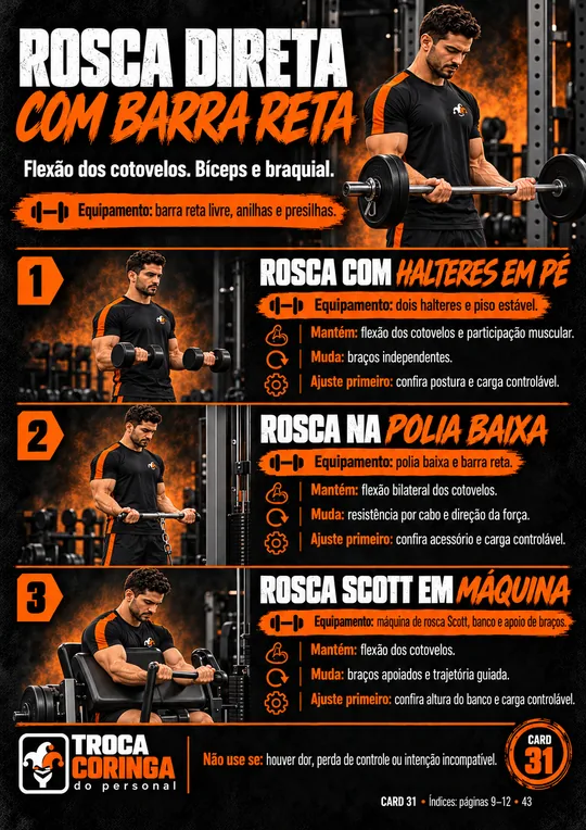 Card de substituição: Rosca direta com barra reta e 3 alternativas