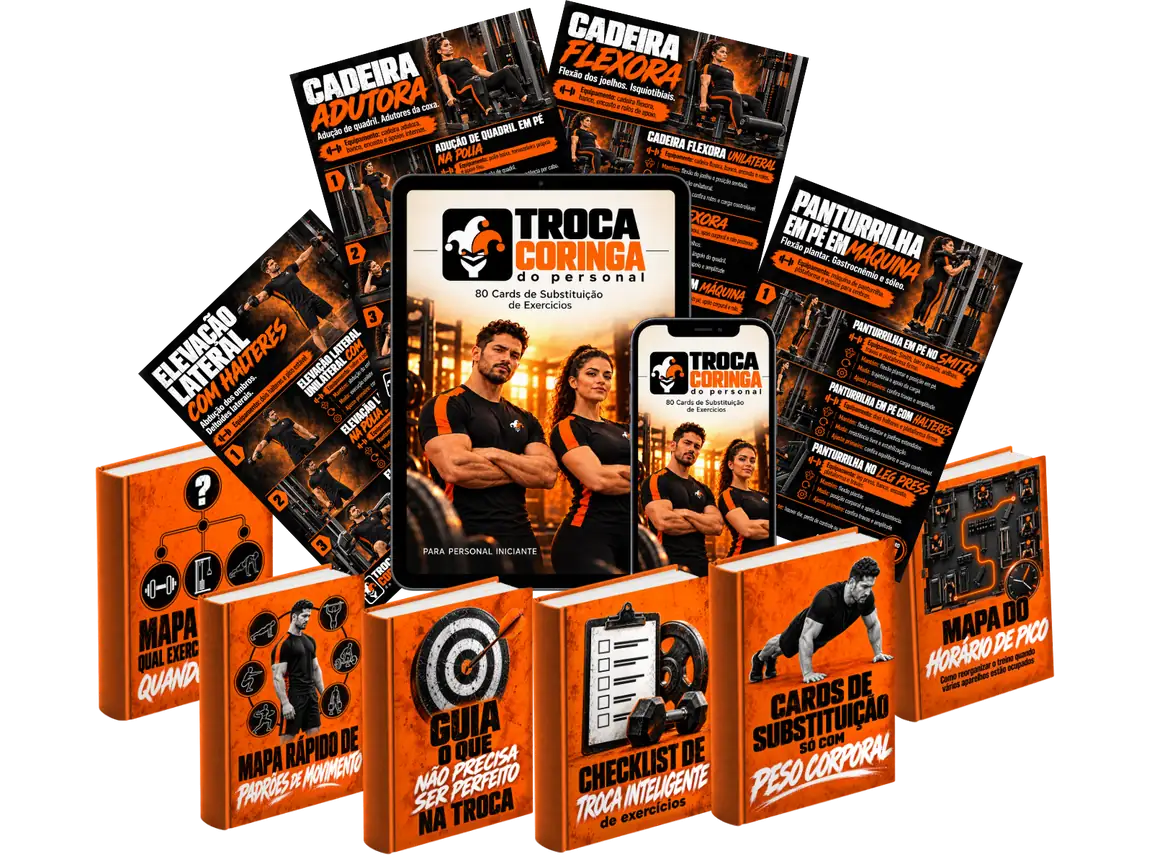 Tablet e celular mostrando a capa do Troca Coringa do Personal, com os cards de substituição em leque e os 6 bônus em livros
