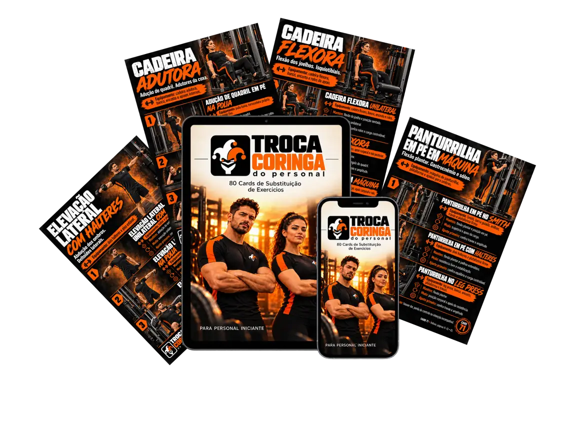 Tablet e celular mostrando a capa do Troca Coringa do Personal, com os cards de substituição em leque